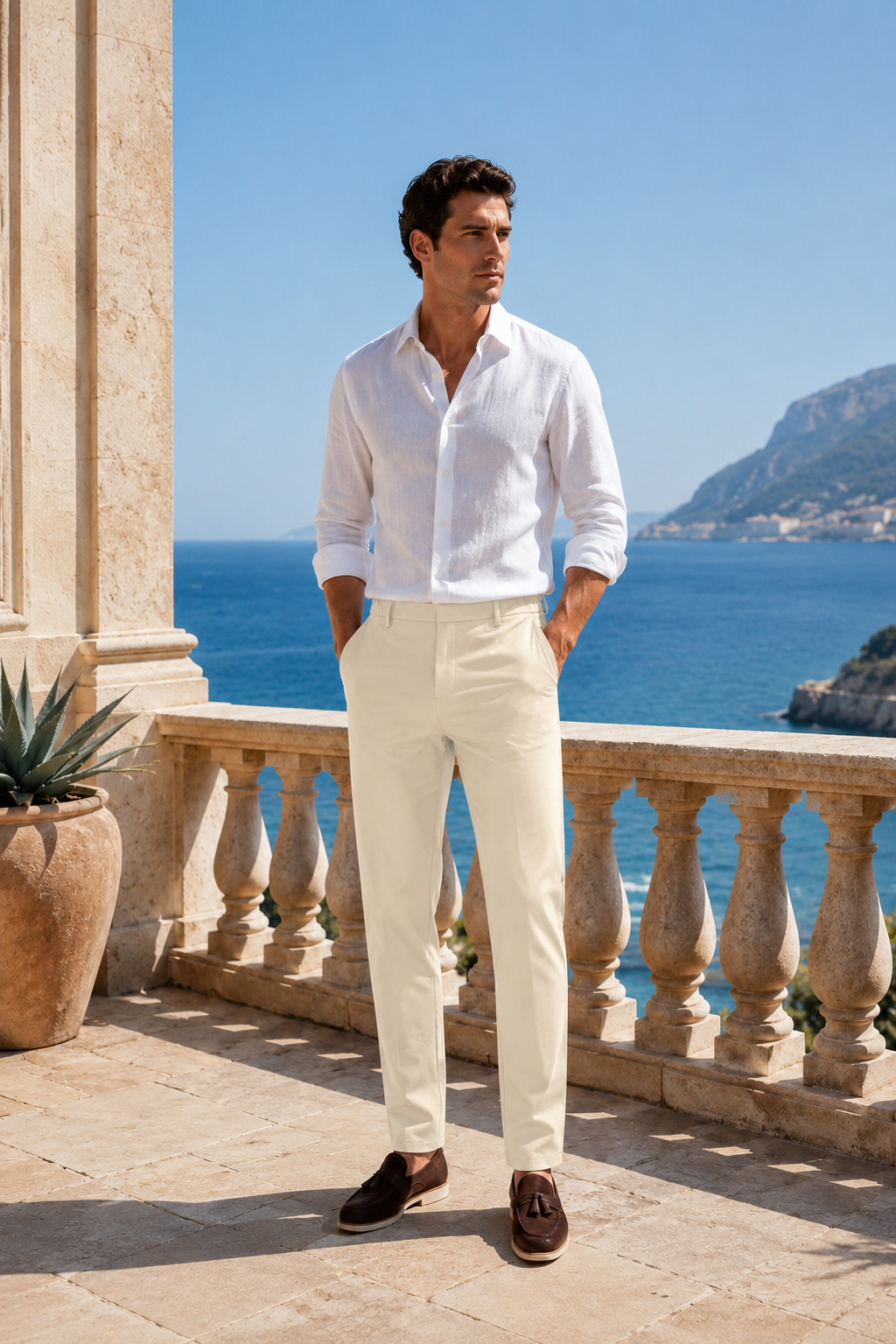 VELLINI Beige Slim Straight Cotton-Blend Trousers