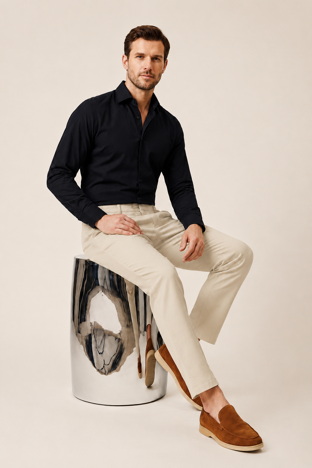 VELLINI Beige Slim Straight Cotton-Blend Trousers